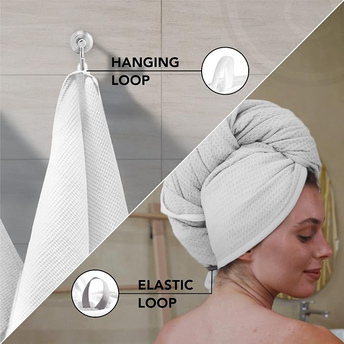 Microfiber Hair Wrap for Women - Extra Large 45 x 25 Anti-Frizz Quick Dry, Breathable Waffle Knit Towel with Elastic Loop for All Hair Types - Microfiber Towel