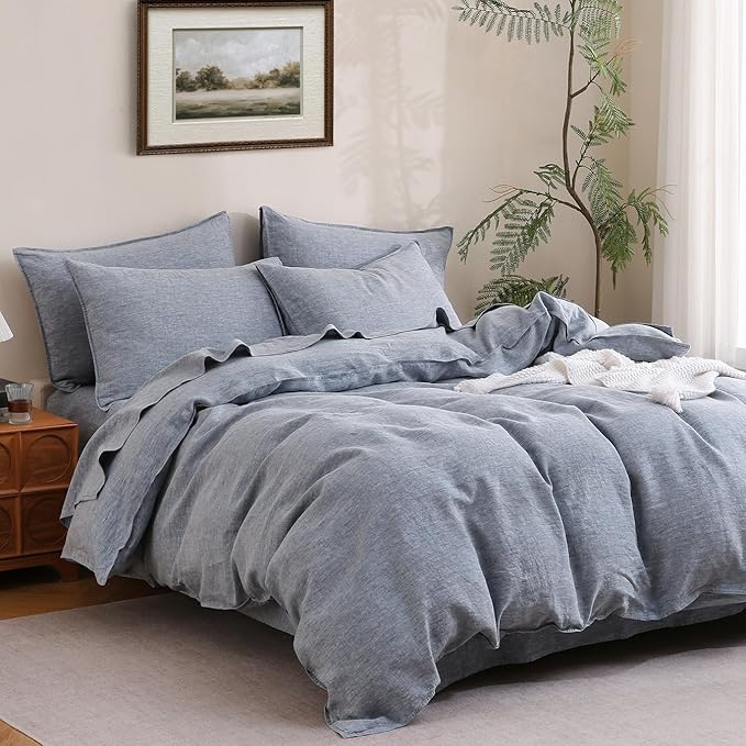 S VICTORY SYMBOL 100% Organic Linen Duvet Cover Set King Size,Natural French Flax Bedding Set 3 Pieces(1 Comforter Cover and 2 Pillowcases Envelope Closure) Yarn Dyed Blue Denim