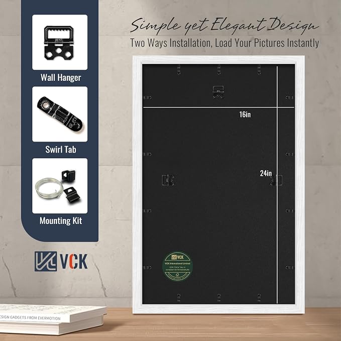 VCK 16x24 Picture Frames White 3 Pack, Wide Border Wood, Display 12x18 Photo with Mat or 16 x 24 without, for Home, Office, Gallery, Woodgrain Series, Wall Hanging