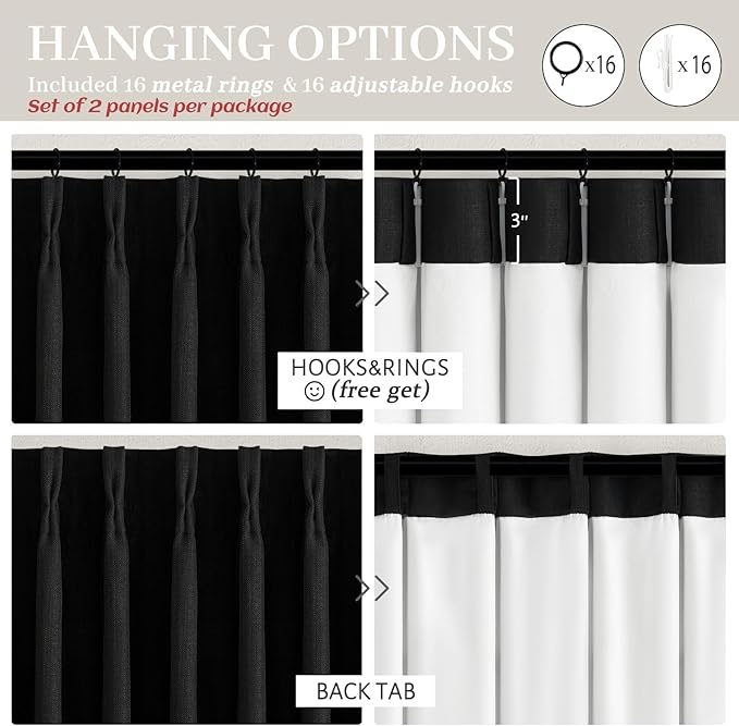 Floor to Ceiling Black Linen Curtains 102 Inches Long for Dining Room 2 Panels Set, Full Blackout Pinch Pleated Thermal Heat Reducing Drapes with Hooks for 100-102 Inch Large Window Double Layer Burg