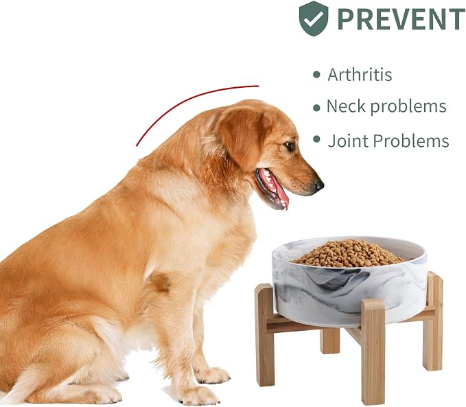 Raised/Elevated Ceramic Dog Bowl for Medium Large Sized Breeds,Large Dog Food Water Bowl with Stand,8 in Non Slip Heavy Weighted 1800ml/ 7.6 Cups/60 OZ Marble Grey
