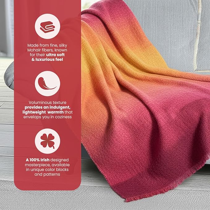 Biddy Murphy Ultra Soft Irish Mohair & Wool Throw Blanket, Made in Ireland, 54"x72", Pink Yellow Purple Multi Mix