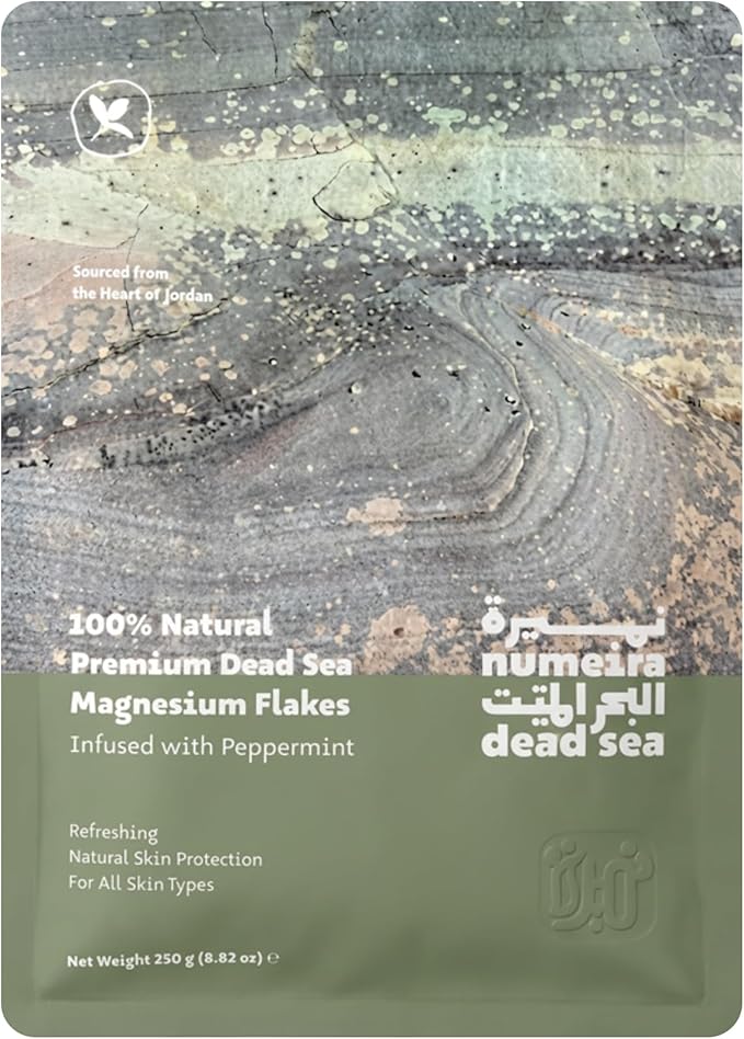 Dead Sea Magnesium Flake Bath Soak - 100% Pure Magnesium Chloride Flakes w/Peppermint Infused Essential Oil (8.82 oz Pouch)