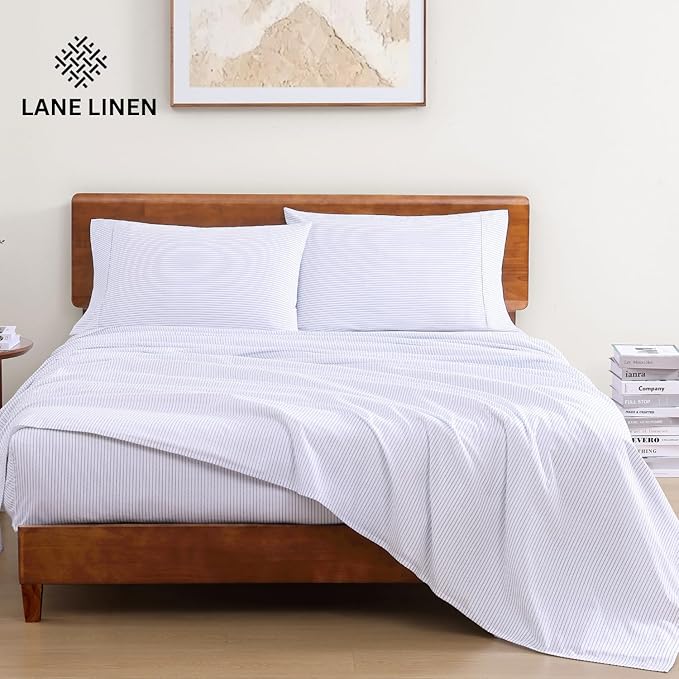 LANE LINEN 100% Organic Cotton Twin XL Sheets Set 3-Piece Pure Percale Bedsheets Bedding Breathable Fits Mattress Upto 15" Deep - Blue Ticking Stripe