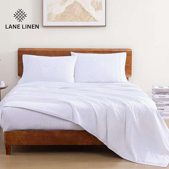 LANE LINEN 100% Organic Cotton Sheet Sets Queen Size, 4Pc Queen Size Cotton Sheets, Hotel Style Sheets, Bedding Sheets & Pillowcases, Queen Sheet Sets Deep Pockets Fits Upto 15" - Blue Ticking Stripe | Queen Sheets In Organic Cotton Percale - Breathabl...