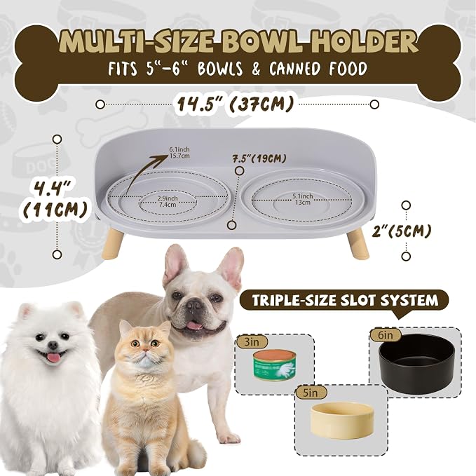 Raised Dog Feeder Bowl Stand - Elevated Dining Table for Small and Medium Dogs and Cats - Fits Food and Water Dish up to 6" Diameter - Grey (Bowls Not Included)