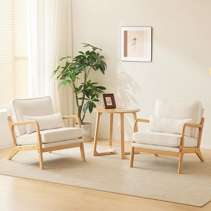 Karl home Mid-Century Modern Accent Reading Chair, White | Linen Upholstered, Solid Wood Frame, Soft Cushion, Lumbar Pillow, Lounge Armchair for Living Room, Bedroom, Balcony, Study