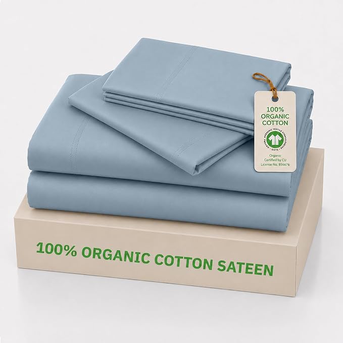 California Design Den Full Sheet Set - 100% Organic Cotton Bed Sheets Full, Soft and Lightweight Sateen, Deep Pockets, Durable Bedding - Pastel Blue