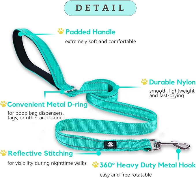 FURRYFECTION Reflective Dog Collar and Leash Set with Quick Release Buckle, Padded with Neoprene Adjustable Nylon Dog Collar for Small Medium and Large Dogs (Large Collar+5FT Leash, Teal)