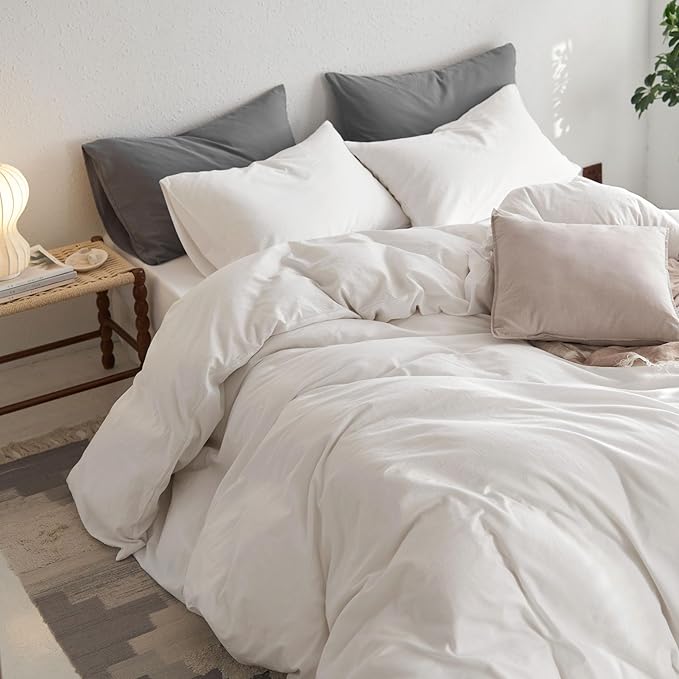 MooMee Twin Duvet Cover Set, 100% Washed Cotton Linen Like Twill Thick Sturdy Material Super Soft Breathable Durable Bedding for All Season, 2 Pieces (Off White, Twin 68"x90")