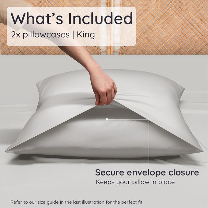 Bambaw 100% Viscose Derived from Bamboo Pillowcase King Size – Set of 2 Cooling Pillow Cases for Hair Protection with Envelope Closure, Breathable & Anti Acne Pillowcase (Moonlight Gray)