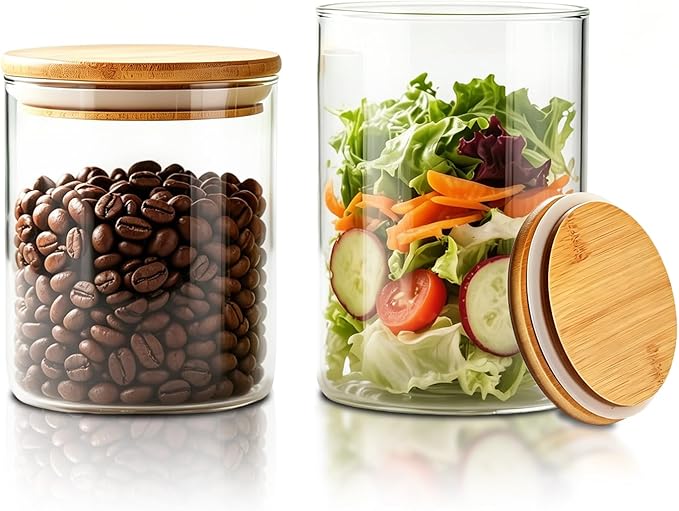 Glass Food Storage Jars with Airtight Lids, Clear Glass Jar with Bamboo Lid, Airtight Food Canister for Tea, Candy, Coffee, Sugar, Cookie, Snack. (Round | 5+6 Inch | 33+17 oz)