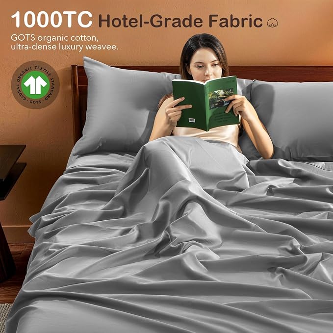SONORO KATE 100% Organic Cotton Sheets Set - 1000 High Thread Count, GOTS Certified Long Staple Cotton Bed Sheets, Soft, Breathable 5-Star Hotel Sheets, 16" Deep Pockets - 4 PC (Grey,Queen)