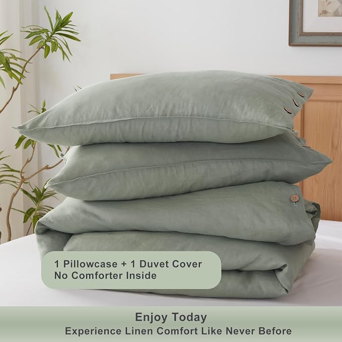 TOSMO 100% Linen Duvet Cover Set with Button Closure, 2 Pieces (1 Duvet Cover with 1 Pillowcase), Soft Breathable Durable Farmhouse Bedding - Twin, Sage Green