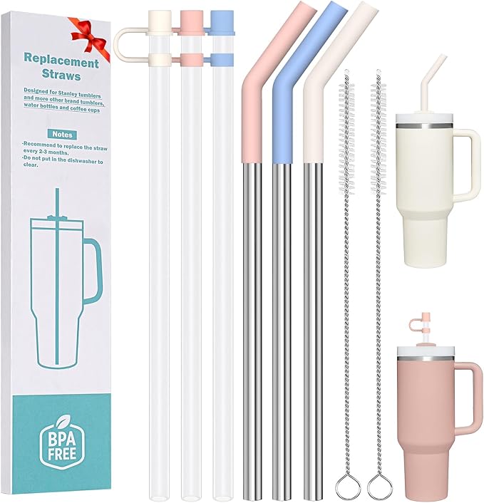 HEYSKAY 6pc Replacement Straws Reusable for Stanley Tumbler Cup 40oz 30oz Metal Plastic Straws with Straw Covers,Silicone Tips and Cleaning Brushes