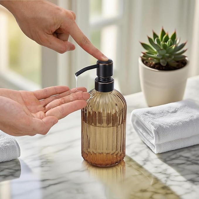 16 OZ Amber Glass Soap Dispenser, Amber Stripe Bathroom Hand Soap Dispensers with Stainless Steel Bronze Pump,Brown Glass Kitchen Hand Soap Dispenser with Oil Rubbed Bronze Pump