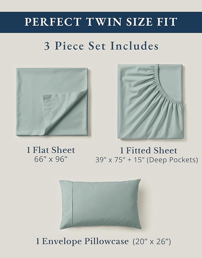 LANE LINEN 100% Organic Cotton Twin Bed Sheet Set, Mercerized Fully Elasticized Eco Friendly Sustainably Produced Bedding Sheets & Pillowcase Set, 15" Deep Pocket Twin Sheets - French Blue