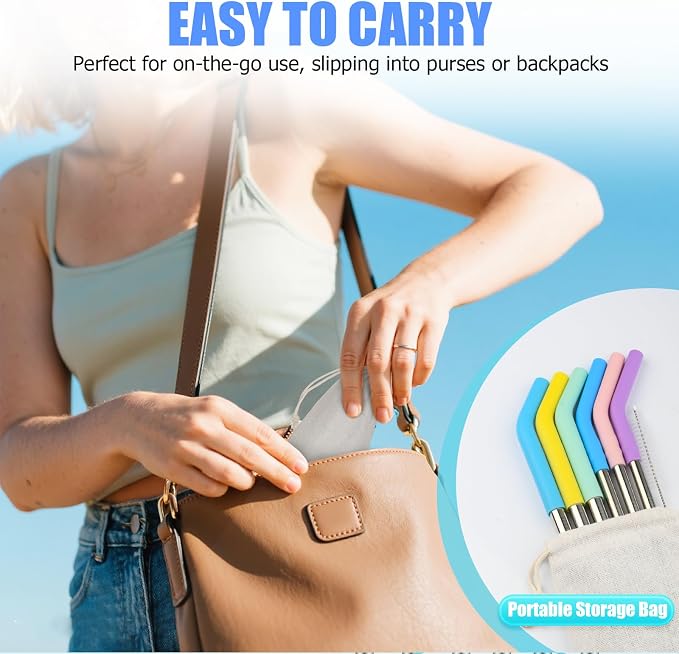 2 Size Stainless Steel Straw with Silicone Tip 6 Pack, 9 inch Reusable Metal Drinking Straws for Cocktail Glasses, 20 30 32oz Tumblers Cups, Smoothies, with Cleaning Brush & Portable Bag