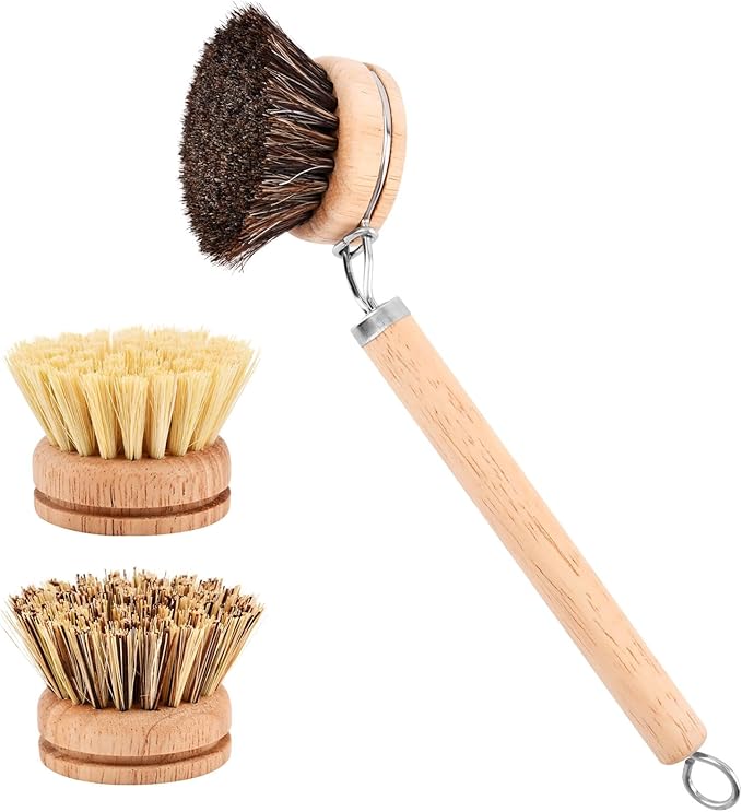 Bamboo Dish Brush with Handle, Wooden Handle with 3 Natural Bristle Heads, Natural Wood Dish Scrub Brush for Washing and Cleaning Pots and Pans