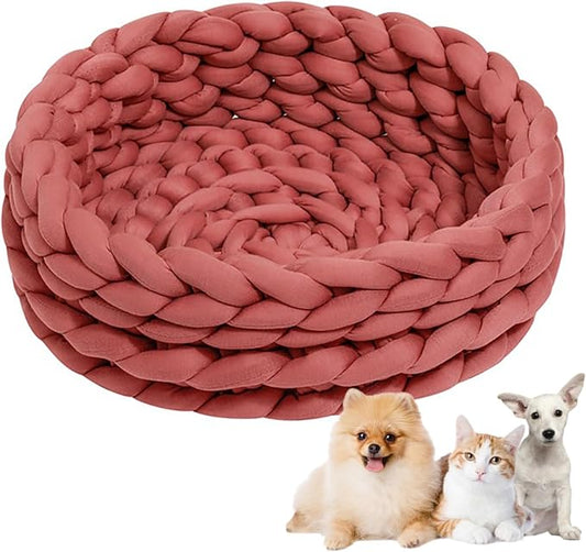 Woven Dog Bed Basket, Knitted Cotton Cat Bed Round Washable Woven Cat Pet Bed Chunky Dog Basket, Orthopedic, Chunky Knit Dog Nest,Dog Bed,Dog Cave,Dog Bedding(Red,23")