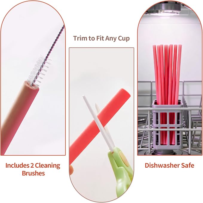 6 Pack Reusable Silicone Straws Compatible with Stanley 40oz 30oz 20oz Tumblers, 12.2" Long x 0.374" Diameter BPA-Free Drinking Straws with 2 Cleaning Brushes, Flexible Cuttable Teeth-Friendly