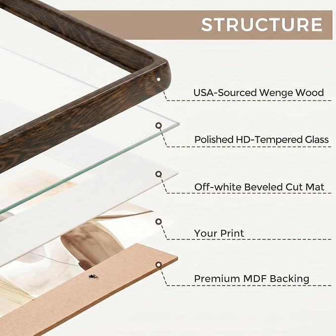 Fun Memories 12x18 Poster Frame, Natural Wenge Wood Picture Frame with HD Tempered Glass, Handcrafted Rounded Corner 12 x 18 Wooden Frames Matted to 8.5x11 Photos, Horizontal or Vertical Wall Display