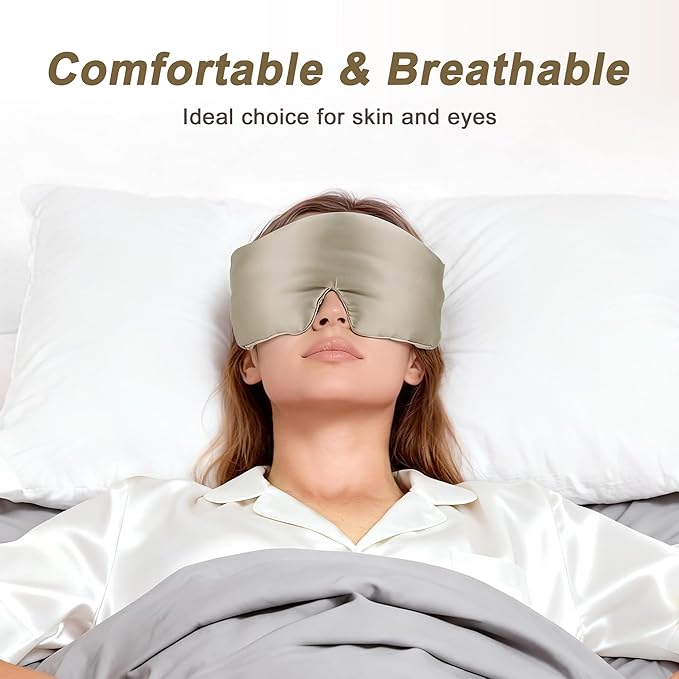 VOCOSTE 22 Momme Pure Silk Sleep Mask with Travel Pouch, 3D Contour Adjustable Blindfold for Side Sleepers, Taupe
