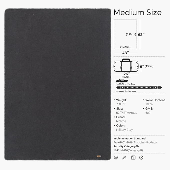 Molithe 100% Wool Blanket, 48" x 62", Warm, Thick, Washable, Military Wool Blanket, Great for Camping, Outdoors, Sporting Events, Survival Kits