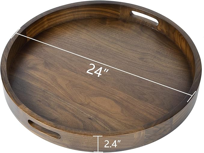 24 x 24 Inches Black Walnut Large Round Ottoman Tray, Solid Wooden Circle Platter Decorative Table Serving Tray with Handles for Oversized Ottoman Home Breakfast in Bed Tea Coffee