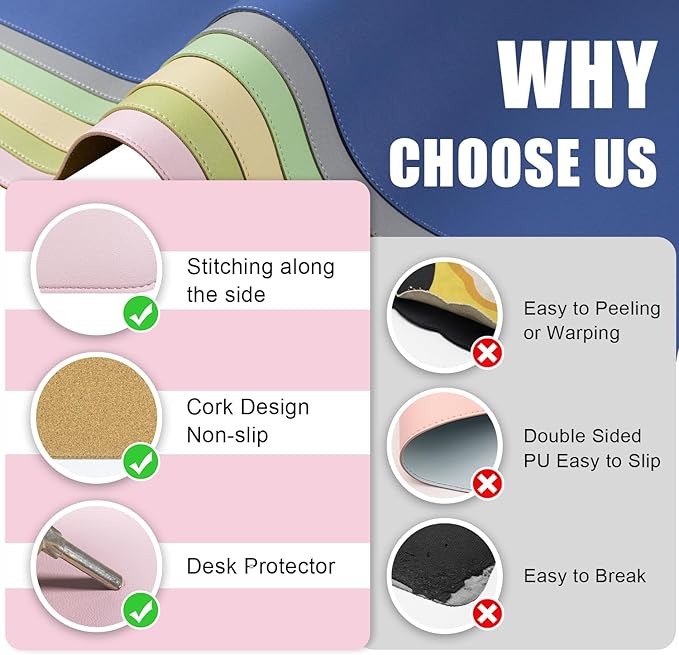 Dual-Sided Desk Pad, Natural Cork & PU Leather Mouse Pad for Desk, Desk Pad Protector, Non-Slip Desk Mat for Office and Home Work, (Pink, 23.6" x 13.7")