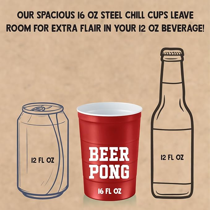 Steel Chill Cups 16 oz. Party Cup 'Beer Pong' Drinking Game Design for Cold Drinks, Sturdy, Durable, Disposable, Recyclable, Made in USA, Red 12 Count