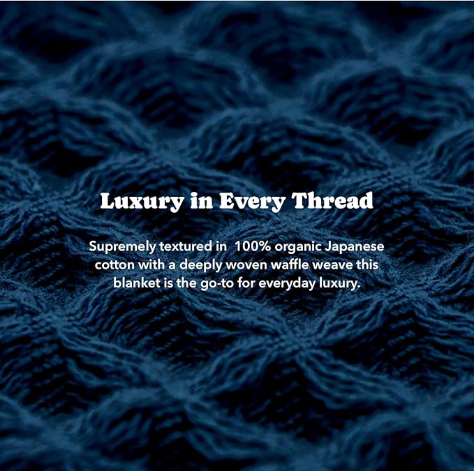 Luxury Organic Japanese Cotton Waffle Towelket Throw Blanket Bedspread for All Sleepers | Soft, Breathable and Thermoregulating (Ocean Blue, 67''x91'')