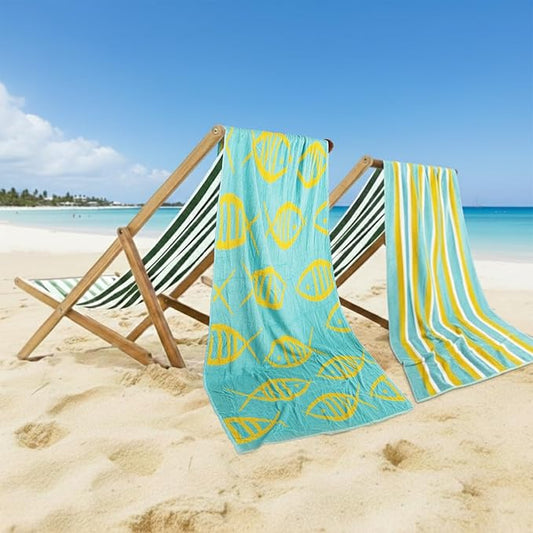 CASA COPENHAGEN Miami Bath Sheets Designed in Denmark Rough and Tough, Quick Dry, for Pool, Bath & Shower 35"x70", 2 Pieces Cotton Beach Towels Set - Fish Teal + Yellow Stripe