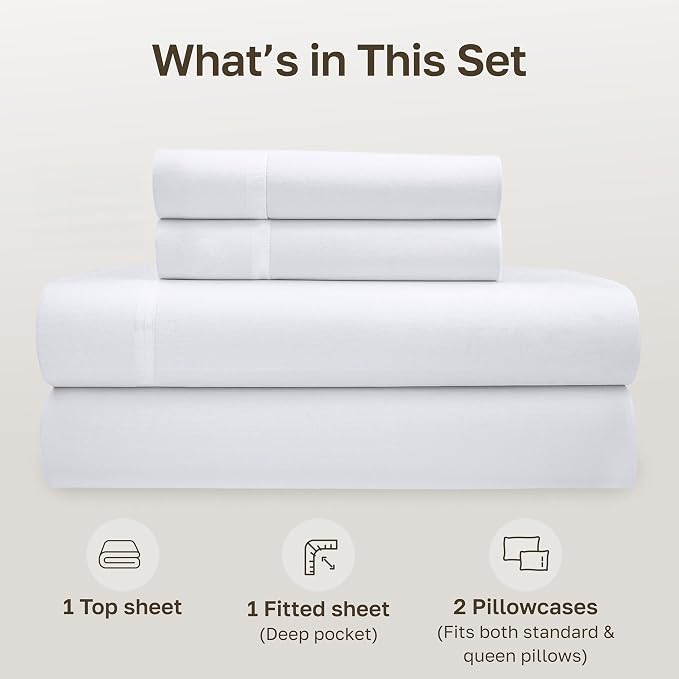 California Design Den Queen Sheet Set - Soft 100% Organic Cotton Sheets with Deep Pockets, Crisp Percale, Breathable and Durable Bedding Set - White