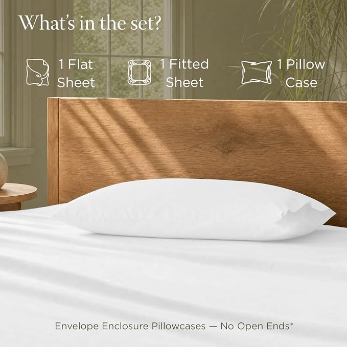 Threadmill Organic Cotton Bed Sheet Set - Soft & Natural - Cool Cotton Sheets - Includes Flat Sheet, Fitted Sheet, & Pillowcases - Twin XL/White
