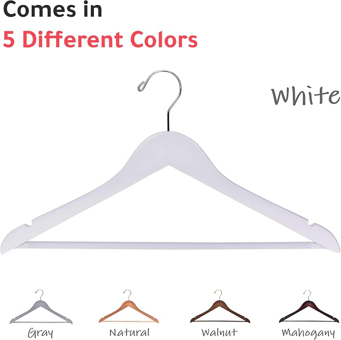 Quality Wooden Hangers - Slightly Curved Hanger 90 Pack Sets - Solid Wood Coat Hangers with Stylish Chrome Hooks - Heavy-Duty Clothes, Jacket, Shirt, Pants, Suit Hangers (White, 90)