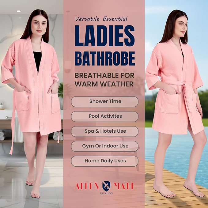 ALLEN & MATE 100% Cotton Women's Short Robe Dual Fabric Waffle Outside & Terry Towel Inside Kimono Bathrobe Medium Weight