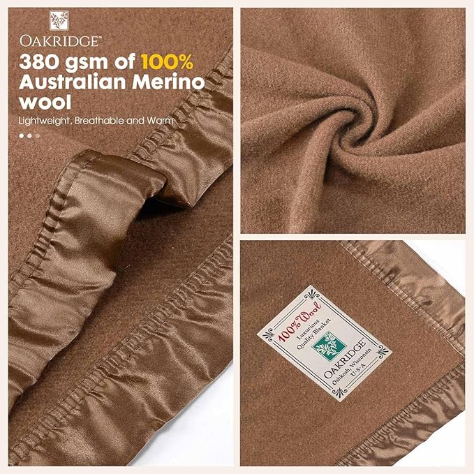 OakRidge Heirloom Merino Wool Blanket – 100% Australian Wool with Vintage Satin Edges – Breathable, Odor-Resistant, All-Season Bedding in King Size – Tan Cozy Throw for Home or Travel