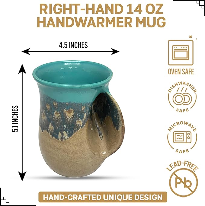 Clay in Motion Hand Warmer Coffee Mug – Handmade Coffee Mug With Comfortable Handle Contoured Pocket Hand Warming Ceramic Coffee Mug – Proudly Made in USA – Right Handed – 14 Oz - Island Oasis