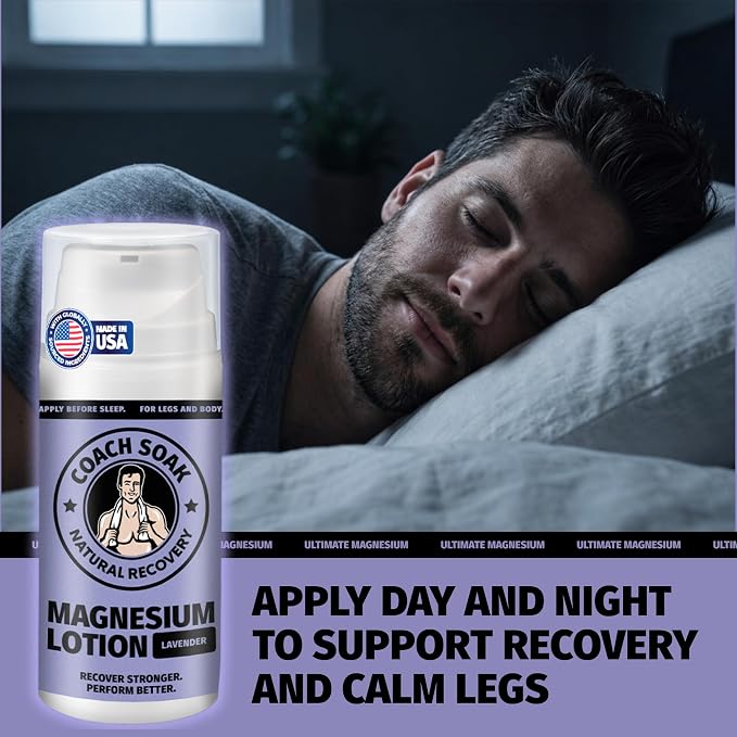 Coach Soak Magnesium Lotion with MSM & Menthol, Lavender 3.4 oz | Magnesium Chloride Non-Greasy Alternative to Epsom Salt Lotion and Cream - Apply Before Sleep for Feet, Leg Cramps & Body