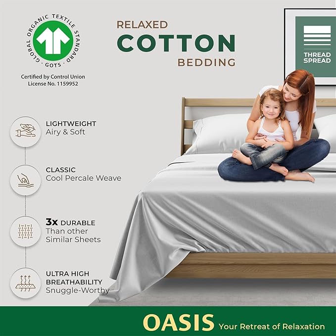 THREAD SPREAD 100% Organic Cotton Sheets Full Size - 4 PC Organic Cotton Full Size Percale Weave Sheet Set, Soft, Cooling, Crisp & Breathable, 16" Deep Pocket Hotel Quality Bedding Set - Light Grey