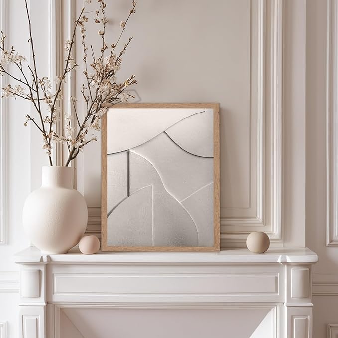 Monem Art Minimalist White Geometric Texture Print - Abstract Scandinavian Wall Art Poster - Wall Decor for Living Room, Bedroom or Office - 8x10 Beige Framed Wall Art by Mareike Bohmer