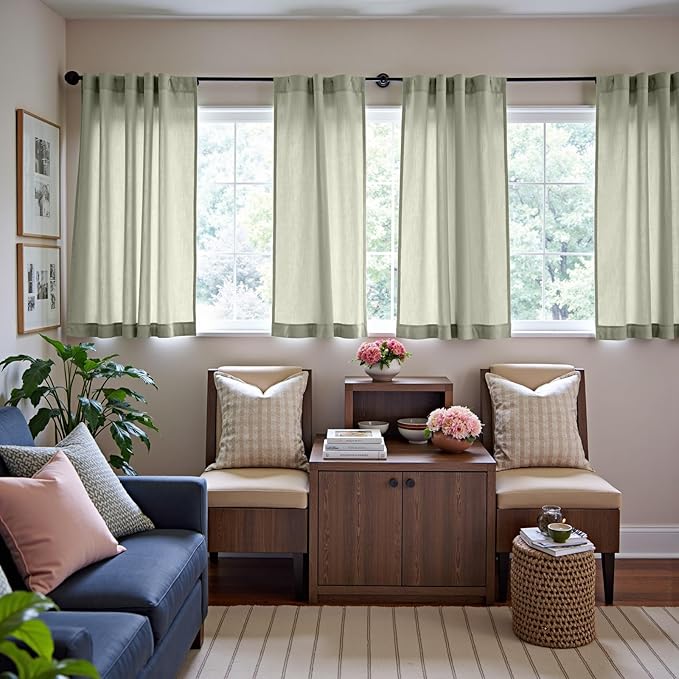 jinchan Linen Curtains Sage Green Semi Sheer Curtains 63 inch Length for Living Room Bedroom Neutral Farmhouse Cottage Core Home Office Light Filtering Privacy Drapes Rod Pocket Back Tab 2 Panels