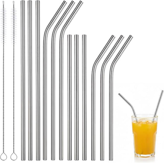 12 Pack Reusable Stainless Steel Straws with 2 Cleaning Brushes, 4 Sizes | Straight & Bent Short Metal Straws, Metal Drinking Straw for Coffee Mugs, Small Glasses or Cups