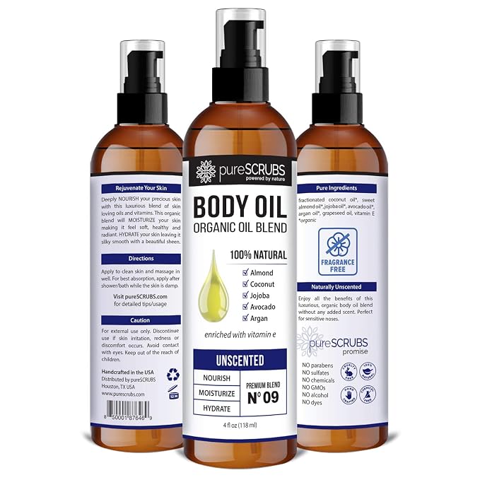pureSCRUBS Ultra Moisturizing Unscented Body Oil for Dry Skin, 4 oz | Fragrance Free, After Shower Body Oil for Buttery Soft Glowing Skin, Non-Greasy Vitamin E Blend for Bath, Massage & Cuticles