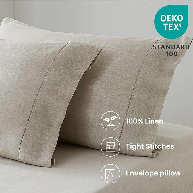 100% French Linen Pillowcases with Handmade Hemstitch Lace - Pack of 2 - Washed Solid Color Natural Flax Soft Breathable - Linen, 20'' x 30''