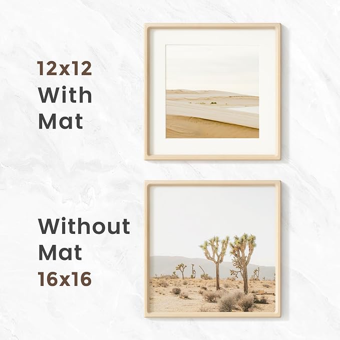 16x16 Picture Frame, USA-Sourced Maple Wood Photo Frame with HD Tempered Glass, Handcrafted Rounded Corner 16 x 16 Wooden Frame Matted to 12x12 Photos, 16x16 frame, Tabletop or Wall Display