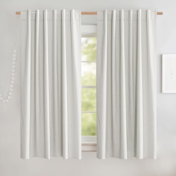 NICETOWN 100% Blackout Linen Curtains with Thermal Insulated White Liner, Ivory, 52" W x 63" L, Set of 2, Burlap Textured Linen Look Privacy Window Treatment for Kitchen, Farmhouse Style