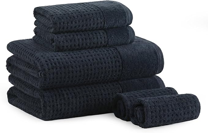 Madison Park Spa Waffle 100% Cotton Luxurious Towel Set, Premium Texture Waffle Weave, Highly Absorbent, Quick Dry, Hotel & Spa Quality Wash Clothes for Bathroom, Assorted Sizes, Navy 6 Piece