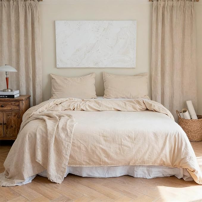BISELINA French Linen Duvet Cover Set 3pcs with Hidden Zipper Closure Natural Flax Cotton Blend Solid Color Soft Breathable Luxury Farmhouse Bedding -King Size, Linen/Beige